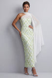 One Shoulder Light Blue Mermaid Sequins Midi Mother Of the Bride Dress with Side Cape