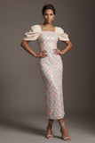 Light Green Mermaid Sequins Midi Mother Of the Bride Dress with Puff Sleeves