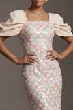Light Green Mermaid Sequins Midi Mother Of the Bride Dress with Puff Sleeves