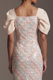 Light Green Mermaid Sequins Midi Mother Of the Bride Dress with Puff Sleeves