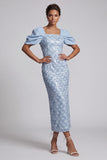 Light Green Mermaid Sequins Midi Mother Of the Bride Dress with Puff Sleeves