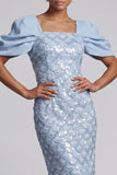 Light Green Mermaid Sequins Midi Mother Of the Bride Dress with Puff Sleeves