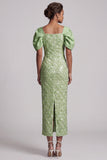 Light Green Mermaid Sequins Midi Mother Of the Bride Dress with Puff Sleeves