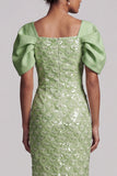 Light Green Mermaid Sequins Midi Mother Of the Bride Dress with Puff Sleeves