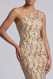 One Shoulder Pink Mermaid Sequins Cut Out Long Mother Of the Bride Dress