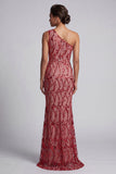 One Shoulder Pink Mermaid Sequins Cut Out Long Mother Of the Bride Dress