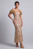 Pink Off the Shoulder Mermaid Sequins Midi Mother Of the Bride Dress with 3D Flowers
