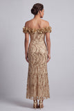 Pink Off the Shoulder Mermaid Sequins Midi Mother Of the Bride Dress with 3D Flowers