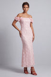 Pink Off the Shoulder Mermaid Sequins Midi Mother Of the Bride Dress with 3D Flowers