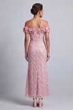 Pink Off the Shoulder Mermaid Sequins Midi Mother Of the Bride Dress with 3D Flowers