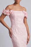 Pink Off the Shoulder Mermaid Sequins Midi Mother Of the Bride Dress with 3D Flowers