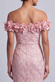 Pink Off the Shoulder Mermaid Sequins Midi Mother Of the Bride Dress with 3D Flowers