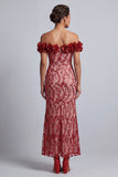 Pink Off the Shoulder Mermaid Sequins Midi Mother Of the Bride Dress with 3D Flowers