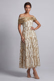 Red Off the Shoulder A-Line Sequins Midi Mother Of the Bride Dress