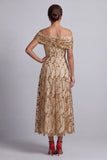 Red Off the Shoulder A-Line Sequins Midi Mother Of the Bride Dress