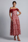 Red Off the Shoulder A-Line Sequins Midi Mother Of the Bride Dress
