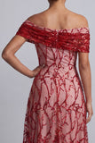 Red Off the Shoulder A-Line Sequins Midi Mother Of the Bride Dress