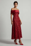 A-Line Red Off the Shoulder Midi Mother Of the Bride Dress with Sequins