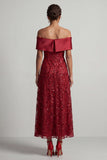 A-Line Red Off the Shoulder Midi Mother Of the Bride Dress with Sequins