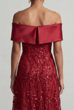 A-Line Red Off the Shoulder Midi Mother Of the Bride Dress with Sequins