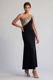 Black and Red One Shoulder Mermaid Midi Mother Of the Bride Dress with Sequins