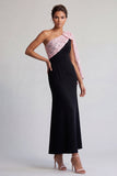 Black and Red One Shoulder Mermaid Midi Mother Of the Bride Dress with Sequins