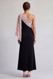 Black and Red One Shoulder Mermaid Midi Mother Of the Bride Dress with Sequins