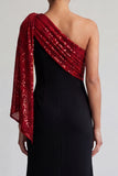 Black and Red One Shoulder Mermaid Midi Mother Of the Bride Dress with Sequins
