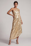 Sparkly Silver One Shoulder Mermaid Asymmetrical Midi Mother Of the Bride Dress with Sequins