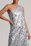 Sparkly Silver One Shoulder Mermaid Asymmetrical Midi Mother Of the Bride Dress with Sequins