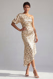 Mermaid Champagne One Shoulder Asymmetrical Ruched Sequins Midi Mother Of the Bride Dress