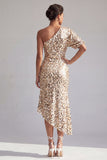 Mermaid Champagne One Shoulder Asymmetrical Ruched Sequins Midi Mother Of the Bride Dress
