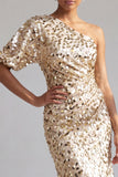 Mermaid Champagne One Shoulder Asymmetrical Ruched Sequins Midi Mother Of the Bride Dress