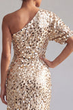 Mermaid Champagne One Shoulder Asymmetrical Ruched Sequins Midi Mother Of the Bride Dress