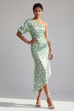 Mermaid Champagne One Shoulder Asymmetrical Ruched Sequins Midi Mother Of the Bride Dress