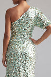 Mermaid Champagne One Shoulder Asymmetrical Ruched Sequins Midi Mother Of the Bride Dress