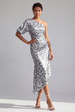 Mermaid Champagne One Shoulder Asymmetrical Ruched Sequins Midi Mother Of the Bride Dress