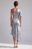 Mermaid Champagne One Shoulder Asymmetrical Ruched Sequins Midi Mother Of the Bride Dress