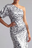 Mermaid Champagne One Shoulder Asymmetrical Ruched Sequins Midi Mother Of the Bride Dress