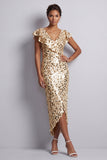 Mermaid Silver V-Neck Asymmetrical Sequins Midi Mother Of the Bride Dress with Ruffles