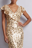 Mermaid Silver V-Neck Asymmetrical Sequins Midi Mother Of the Bride Dress with Ruffles