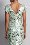 Mermaid Silver V-Neck Asymmetrical Sequins Midi Mother Of the Bride Dress with Ruffles