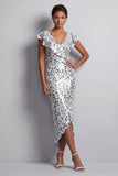 Mermaid Silver V-Neck Asymmetrical Sequins Midi Mother Of the Bride Dress with Ruffles