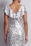 Mermaid Silver V-Neck Asymmetrical Sequins Midi Mother Of the Bride Dress with Ruffles