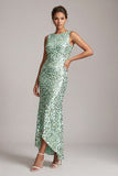 Sparkly Green Mermaid Asymmetrical Round Neck Midi Mother Of the Bride Dress with Sequins