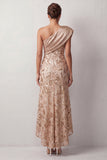 Peach Mermaid One Shoulder Asymmetrical Sequins Midi Mother Of the Bride Dress