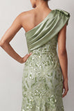 Peach Mermaid One Shoulder Asymmetrical Sequins Midi Mother Of the Bride Dress