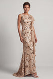 Champagne Mermaid Sequins Bateau Neck Long Mother Of the Bride Dress with Ruffles