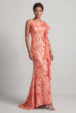 Champagne Mermaid Sequins Bateau Neck Long Mother Of the Bride Dress with Ruffles