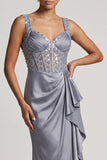 White Mermaid Corset Ruched Sequins Midi Mother Of the Bride Dress with Ruffles
